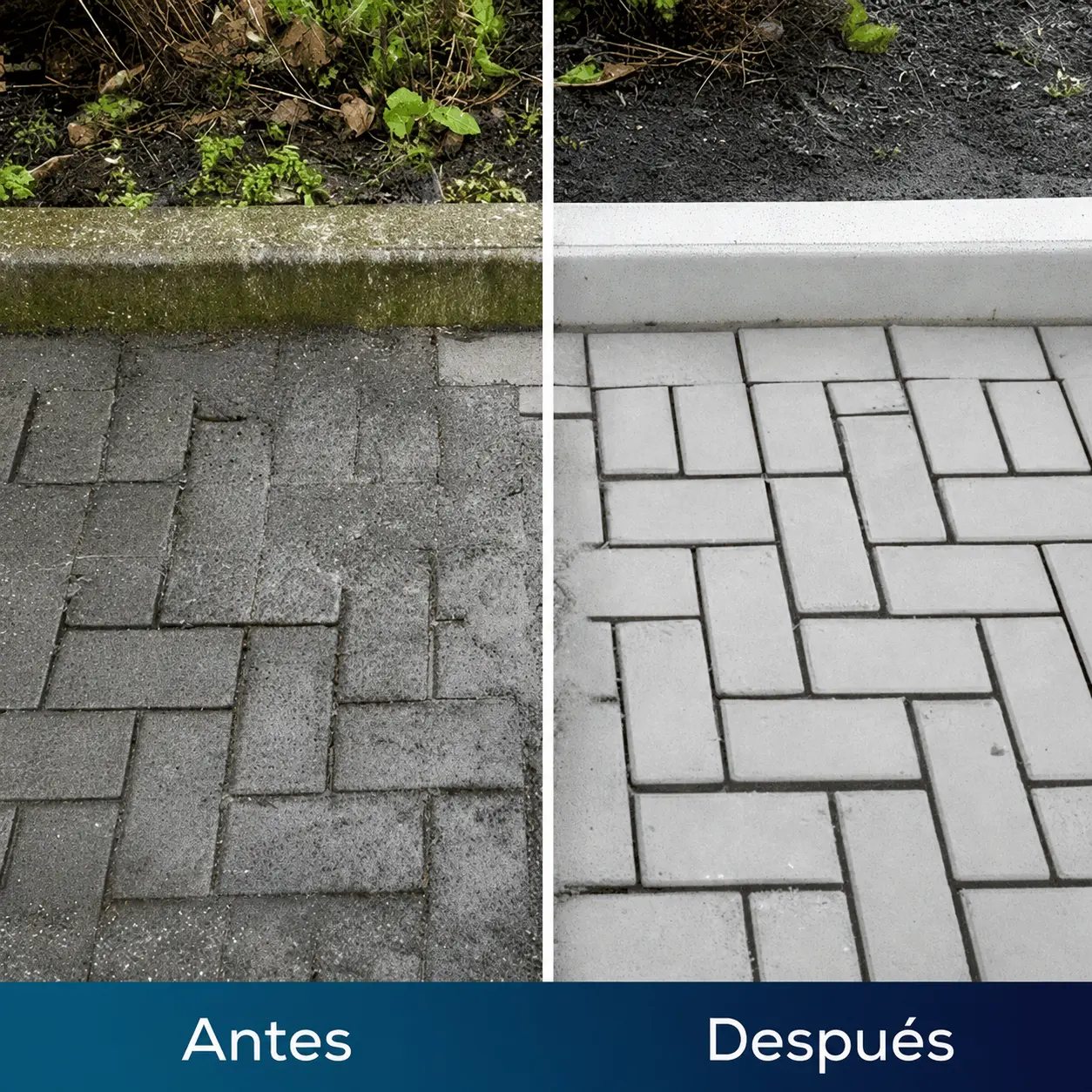 Adoquines del patio sucios antes y limpios después de usar TurboJet